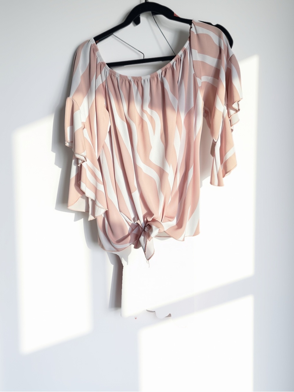 Source Unknown Pink and Cream Off-Shoulder Tie-Front Blouse